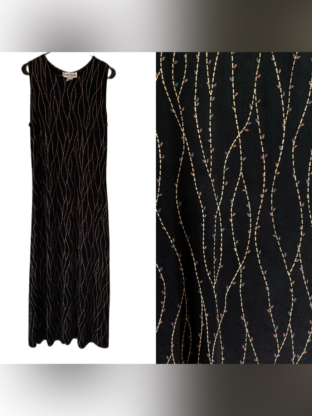90s VTG Fall Whimsigoth Ronni Nicole by Ouida Slinky Black Maxi Dress Vines Y2K